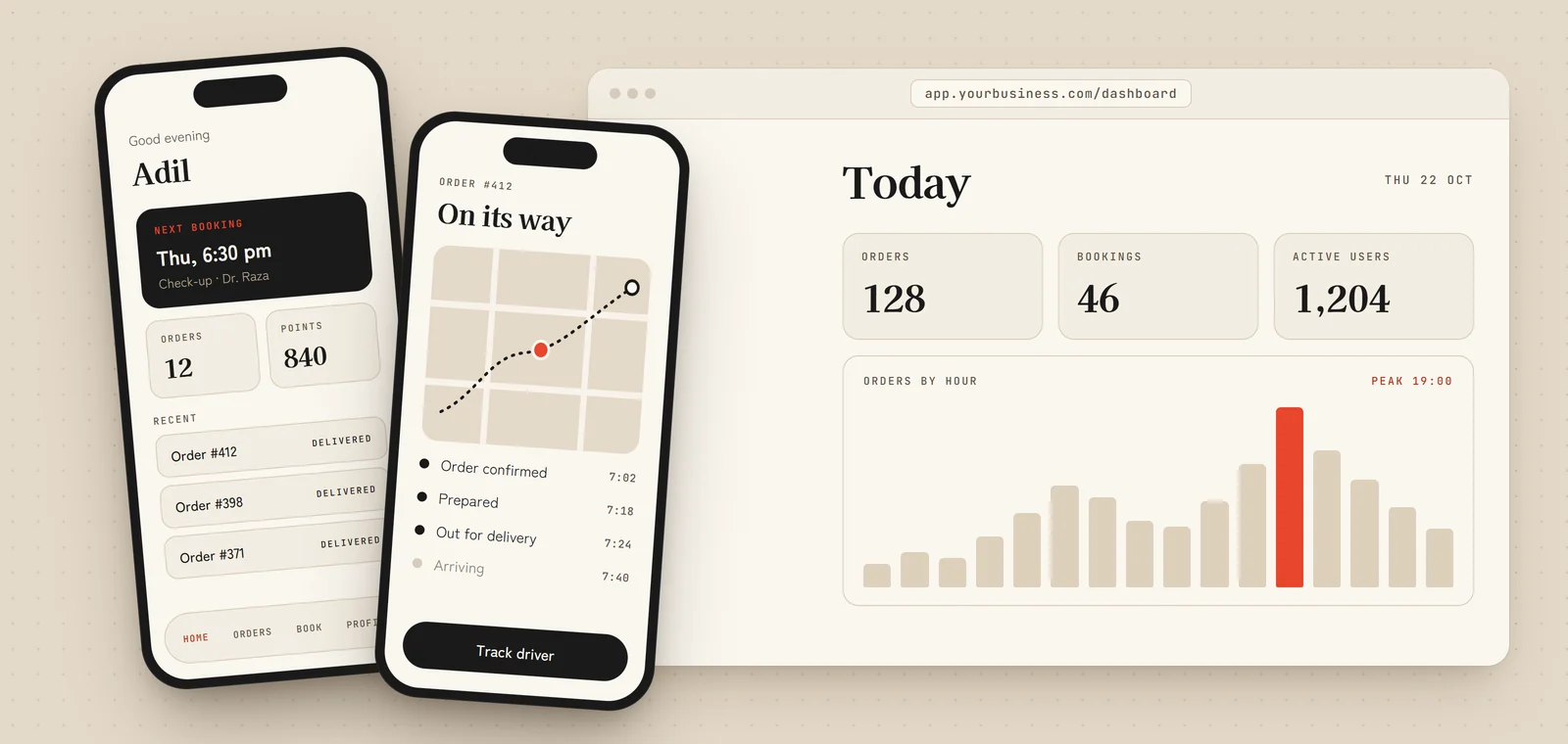 Two mobile app screens, one showing a booking and one tracking an order, in front of a web dashboard
