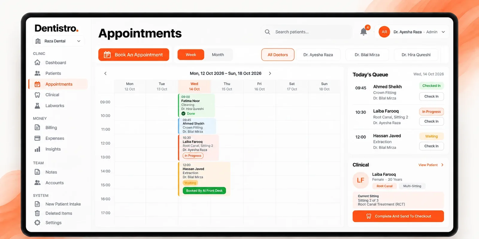 The Dentistro appointments calendar with today's queue, including a booking made by the AI front desk