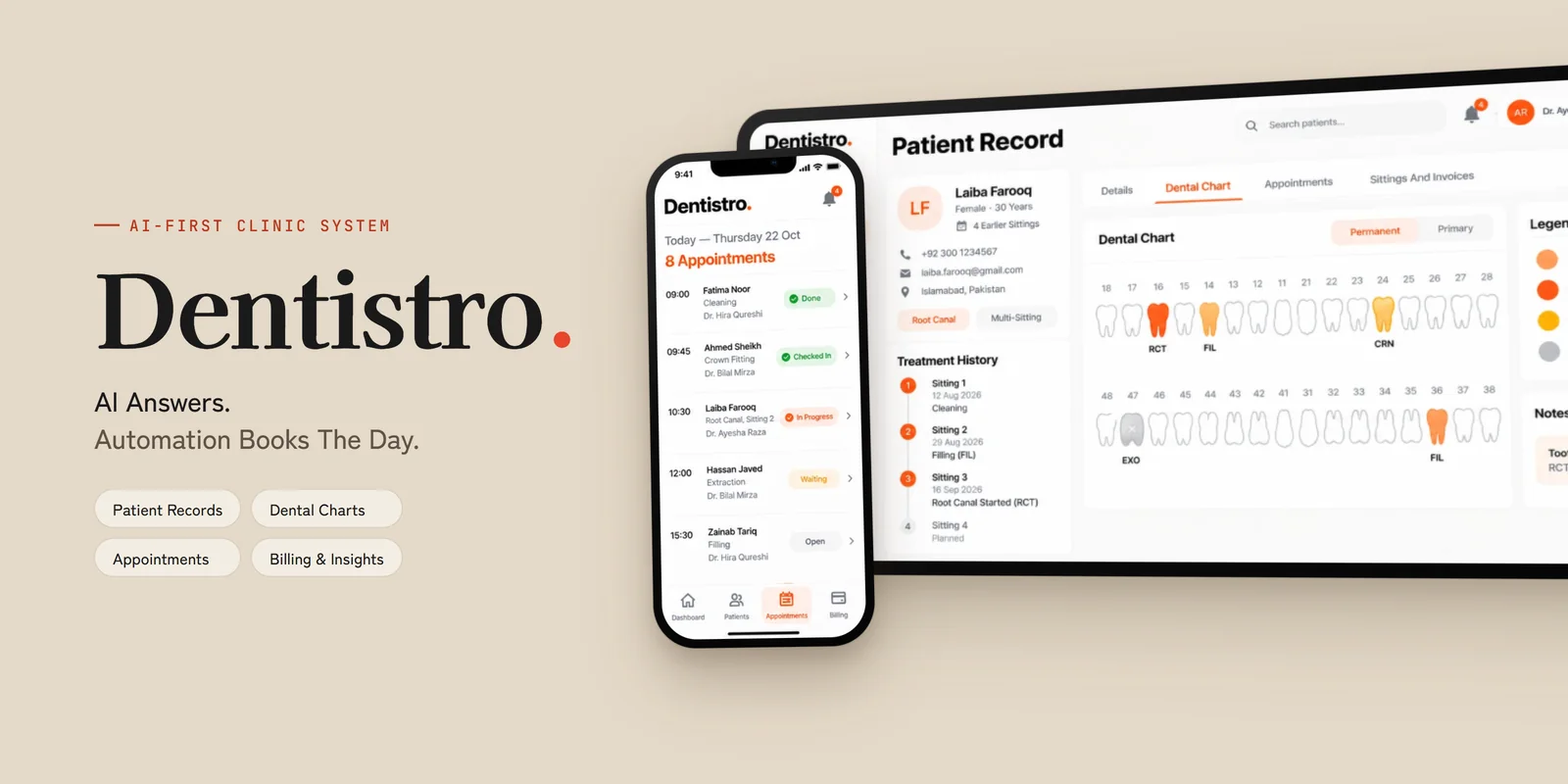 A Dentistro patient record with a tooth-by-tooth dental chart, beside the mobile app showing today's appointments