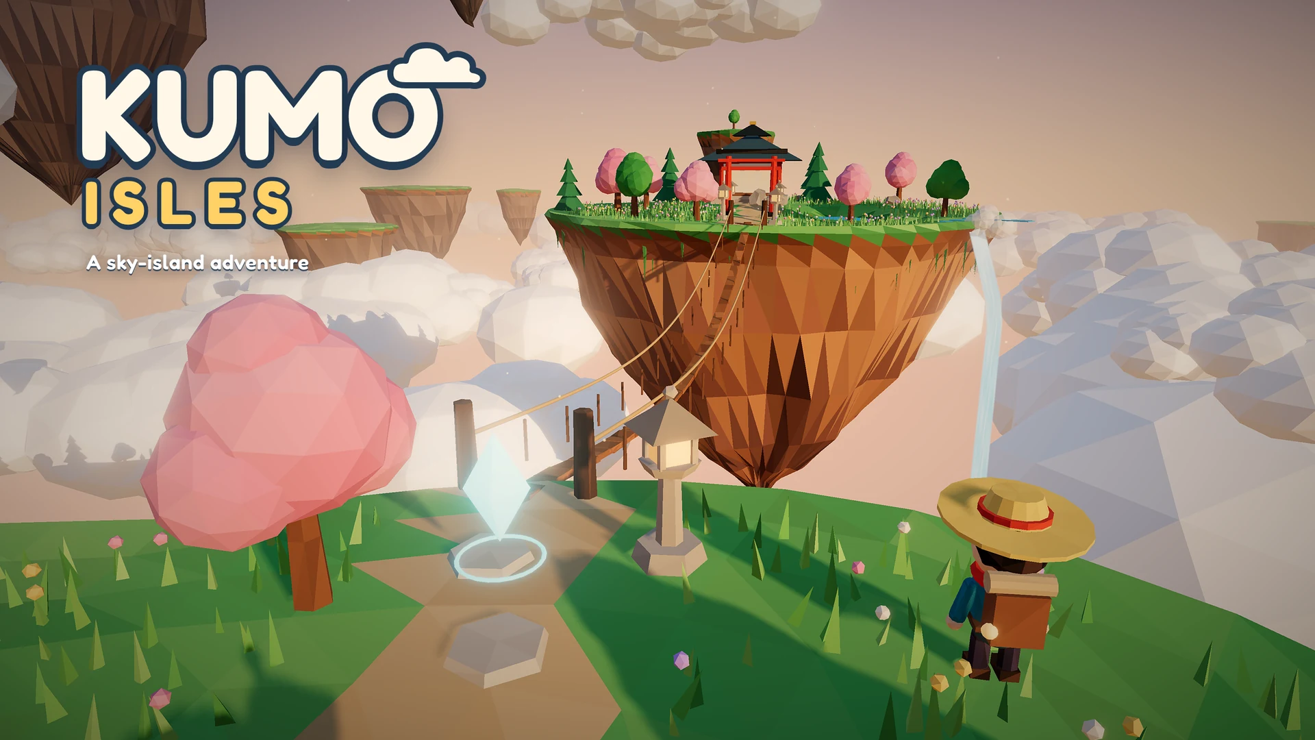 Kumo Isles key art: the explorer on a floating island facing the shrine island, with the Kumo Isles logo at top left
