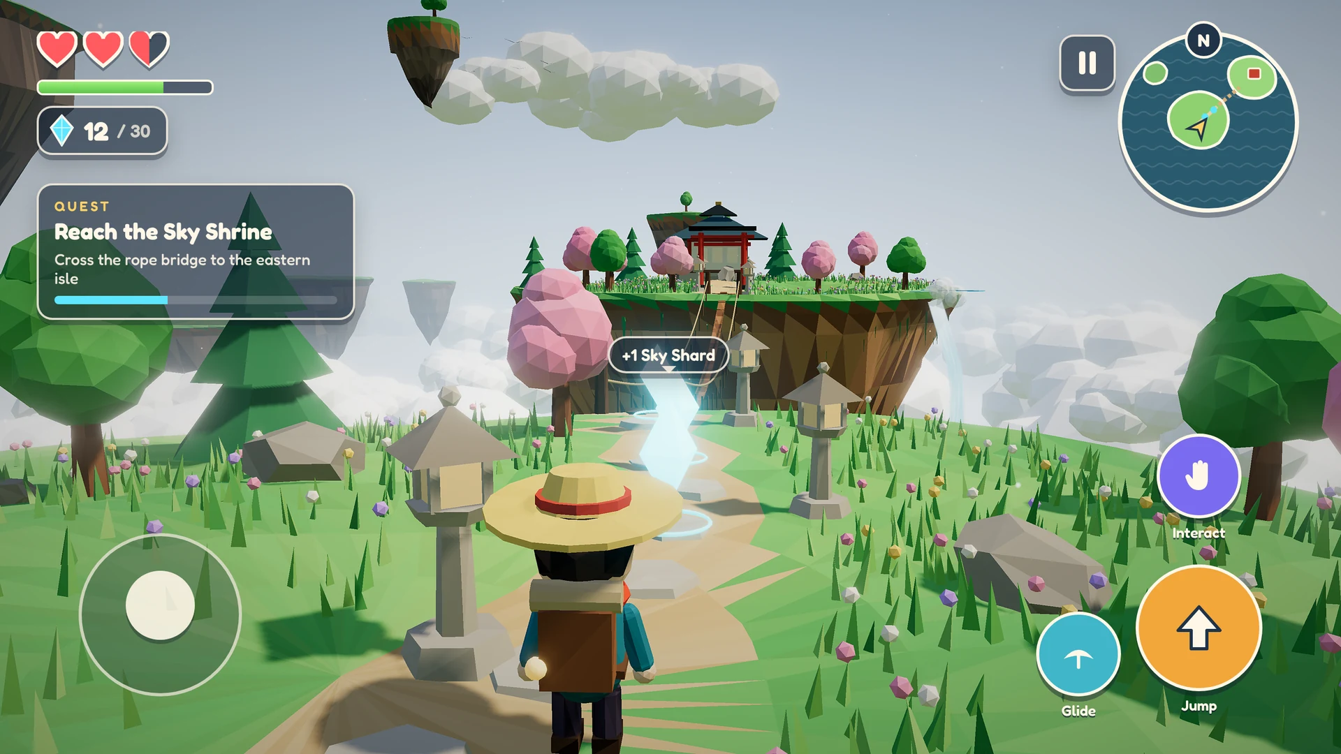 Gameplay screenshot: the explorer seen from behind on a stone path lined with lanterns and glowing crystals, with hearts, a shard counter, a quest panel, a minimap and touch buttons on screen