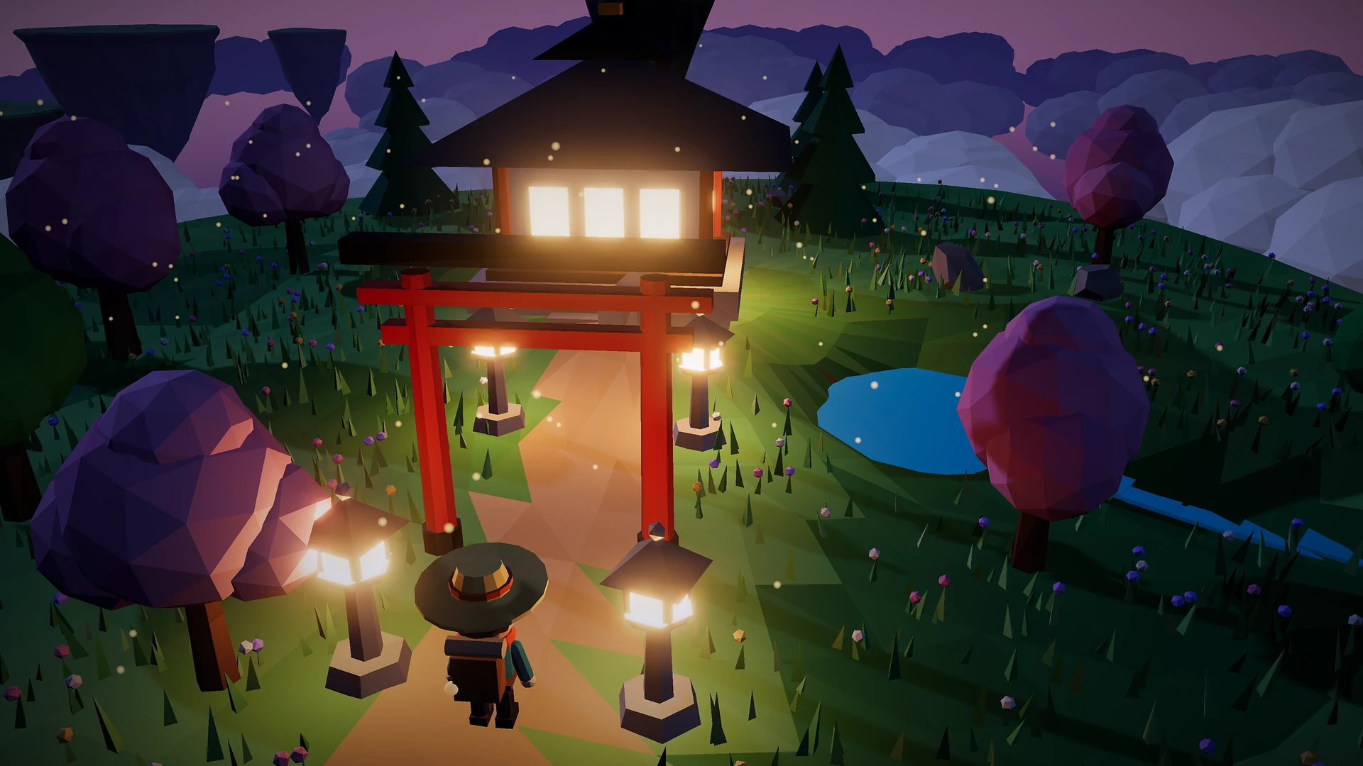 Night scene: the explorer walks toward a red gate and a glowing shrine, past stone lanterns, cherry trees and a pond