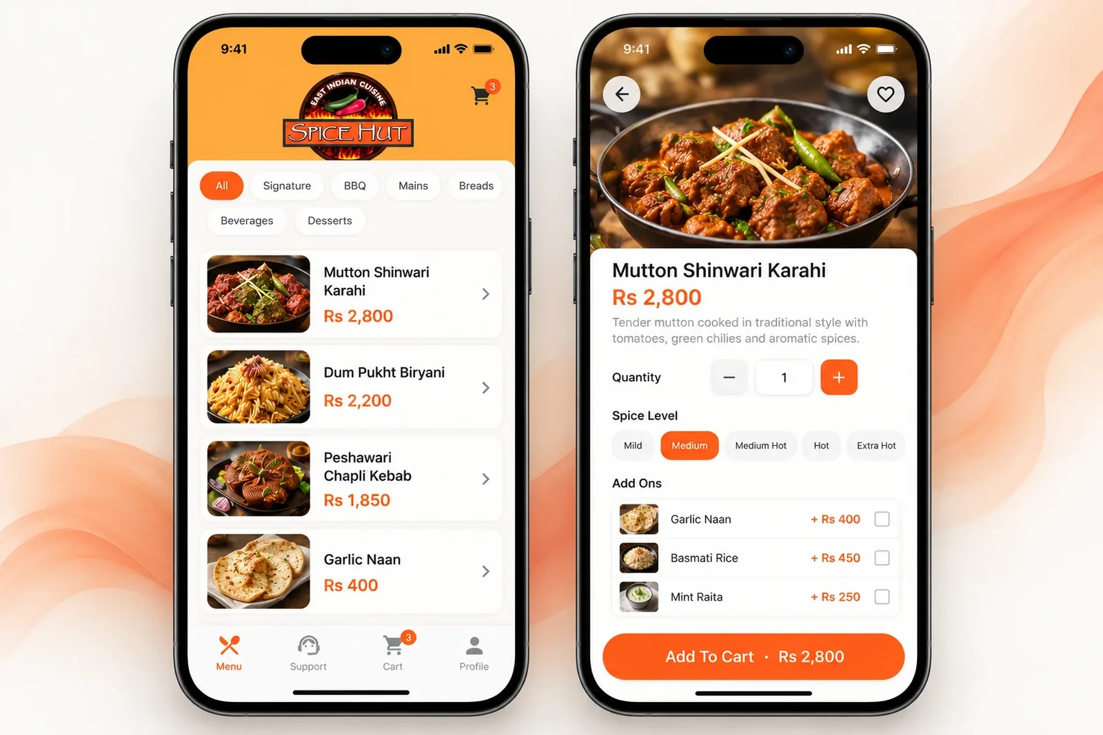 The SpiceHUT customer app: the menu, and a dish with spice level and add-ons