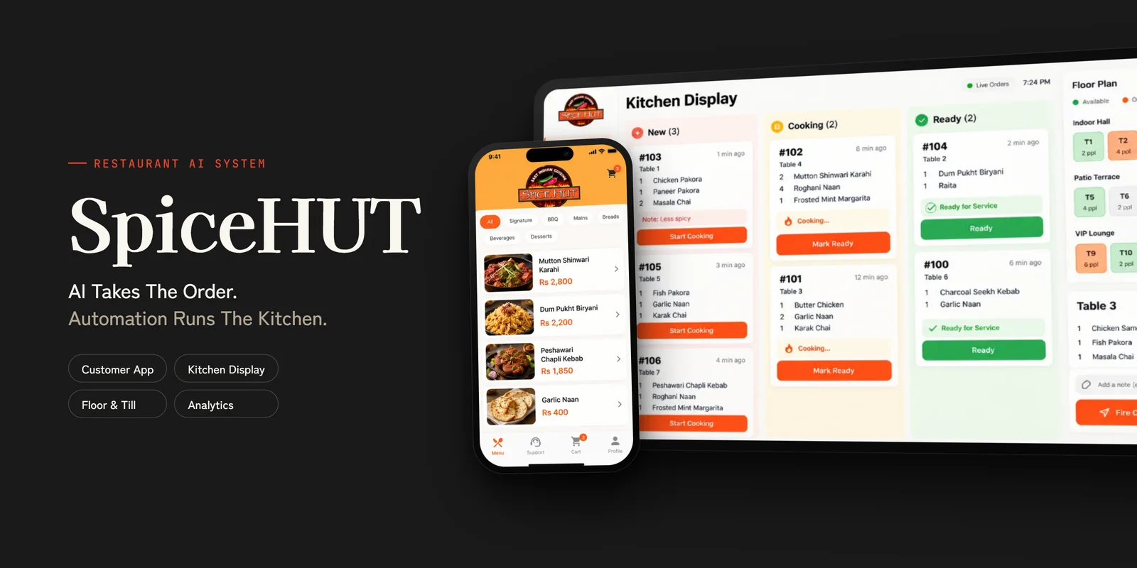The SpiceHUT customer ordering app in front of the live kitchen display
