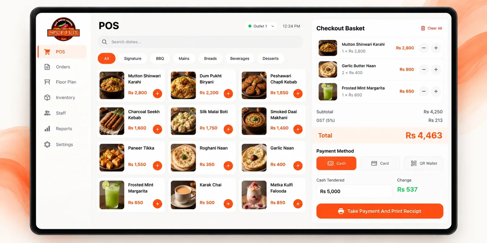 The SpiceHUT point of sale with the menu grid and checkout basket